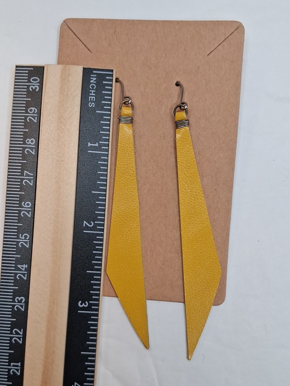 Yellow Leather Geometric Drop Earrings Handmade Dangle Earrings - Picture 6 of 6